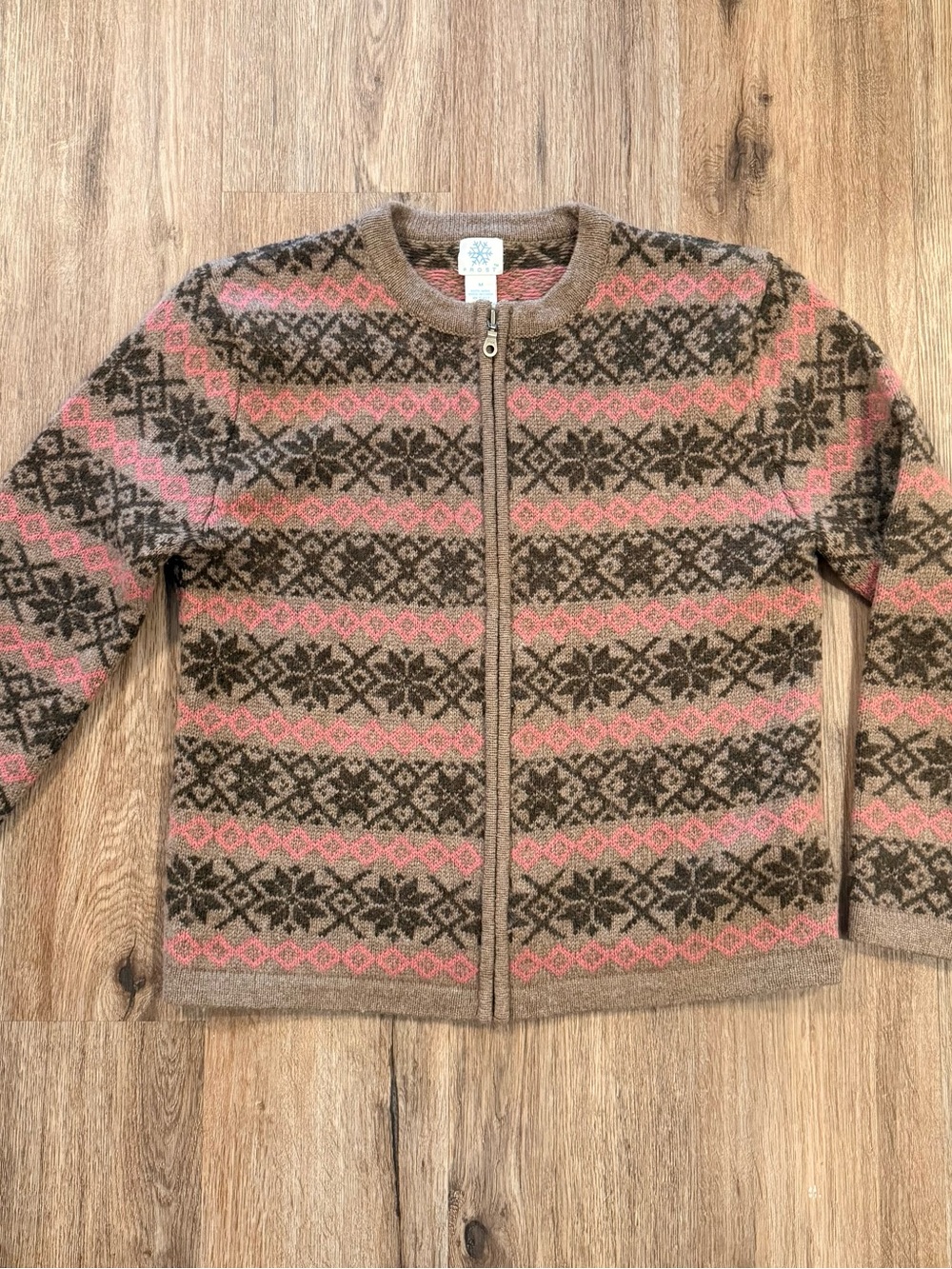 VTG Fair Isle Wool Cardigan Jacket Brown Pink Cream Nordic Full Zip Women’s M